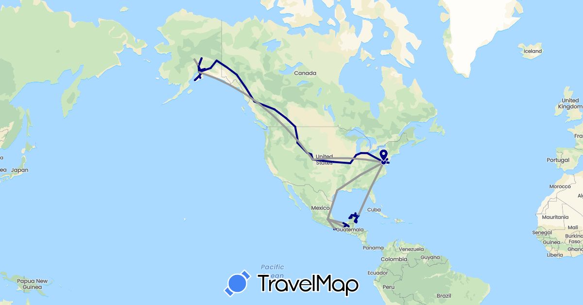 TravelMap itinerary: driving, bus, plane, boat in Canada, Mexico, United States (North America)
